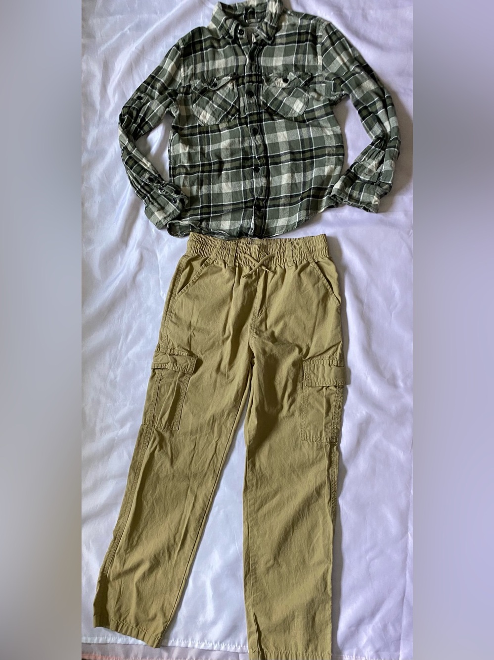 The Children's Place Khaki Cargo Pants with Olive Green Plaid Shirt